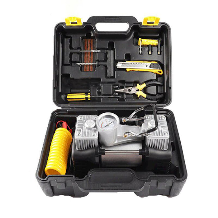 Kit Pana Auto, Compresor cu 2 Cilindri, 12V, Metalic, Accesorii reparatie pana Incluse